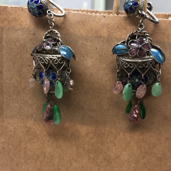 Antique art deco chinese silver tone tourmaline and jade enamel earrings - Picture 7 of 7